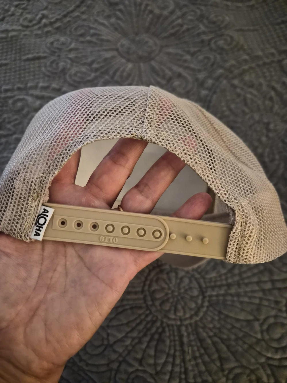 ALOHA Collection Beige Trucker Hat with Pink Ku'uipo Logo